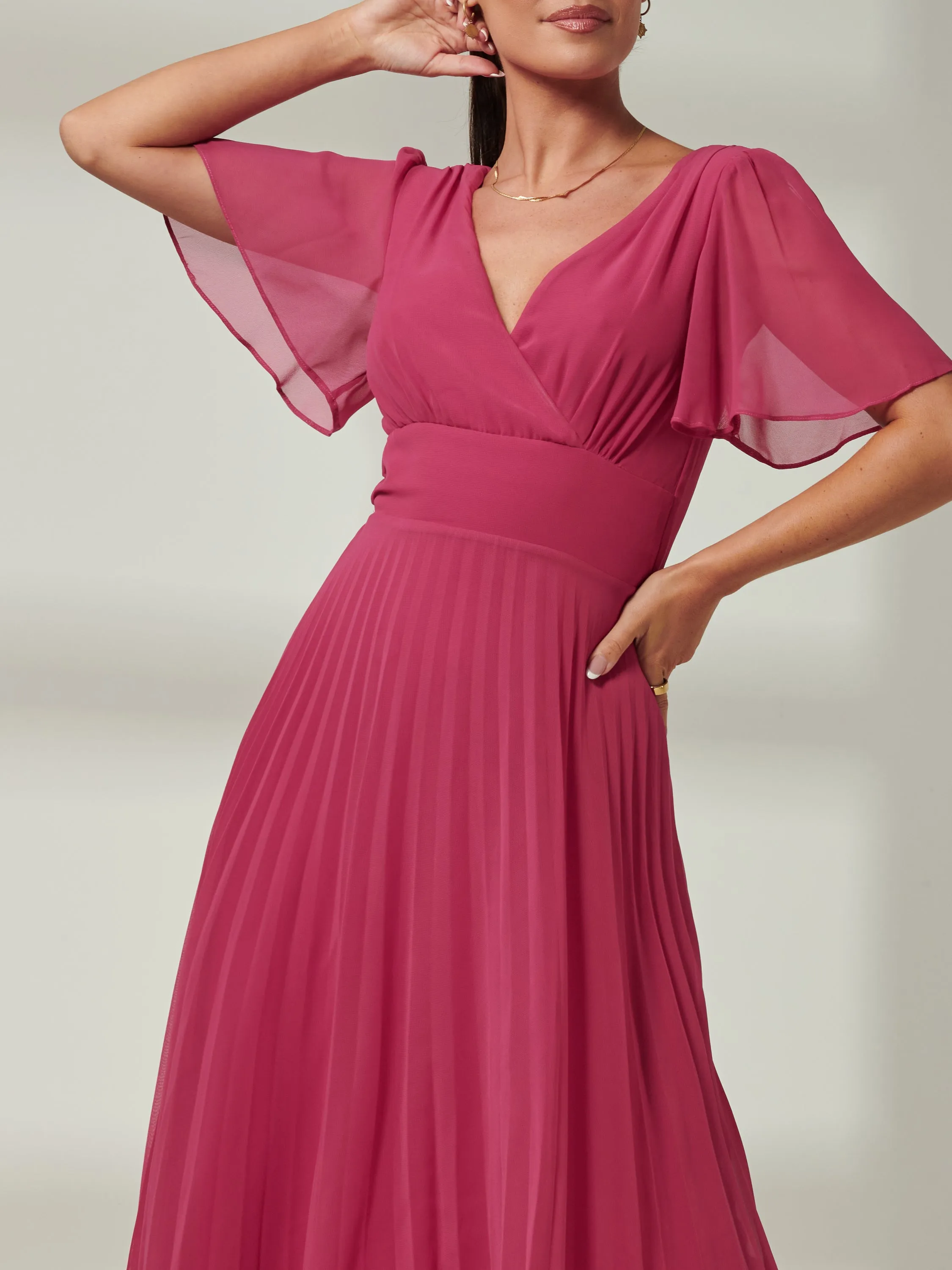 Elene Pleated High Low Chiffon Maxi Dress, Fuchsia Pink