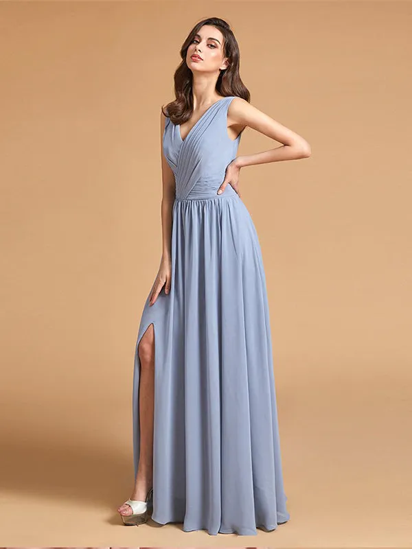 Flash Sale Simple Dusty Blue Pleated Chiffon Bridesmaid Dresses