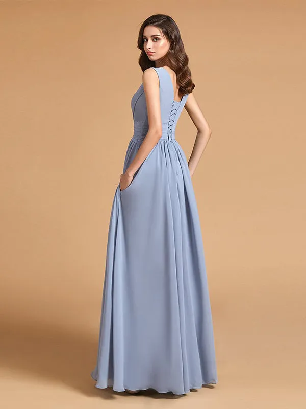 Flash Sale Simple Dusty Blue Pleated Chiffon Bridesmaid Dresses