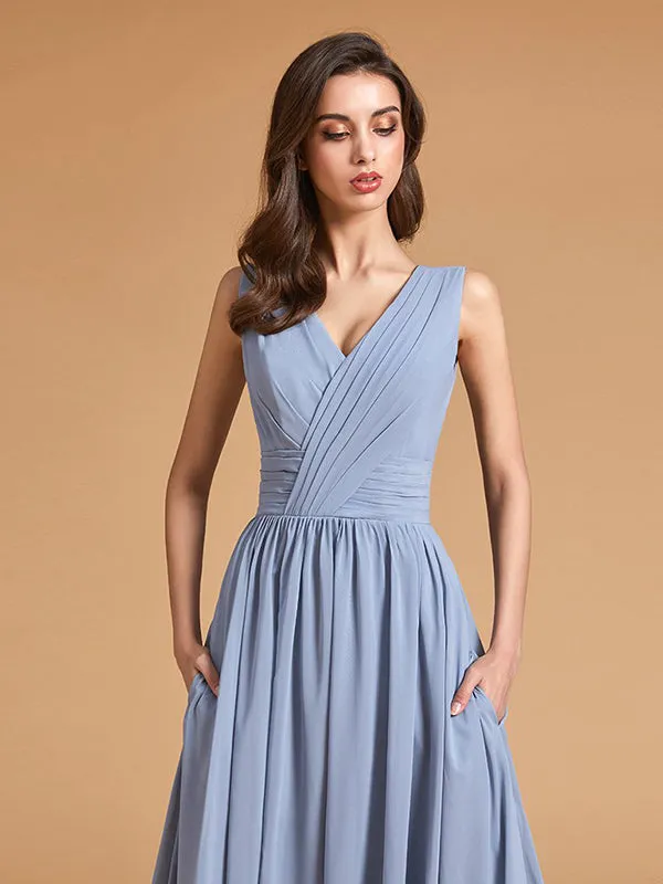 Flash Sale Simple Dusty Blue Pleated Chiffon Bridesmaid Dresses