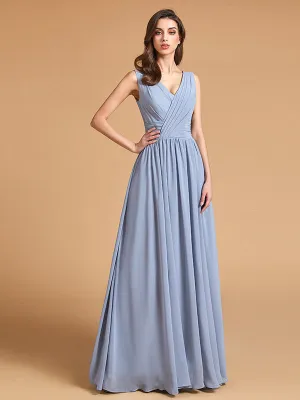 Flash Sale Simple Dusty Blue Pleated Chiffon Bridesmaid Dresses