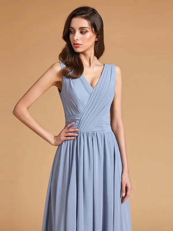 Flash Sale Simple Dusty Blue Pleated Chiffon Bridesmaid Dresses