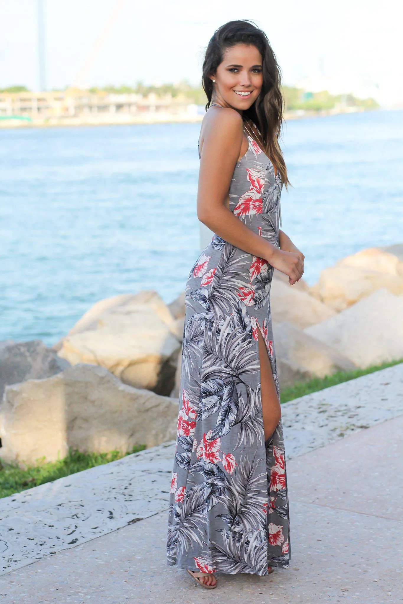 Gray and Red Floral Maxi Dress with Front Slits