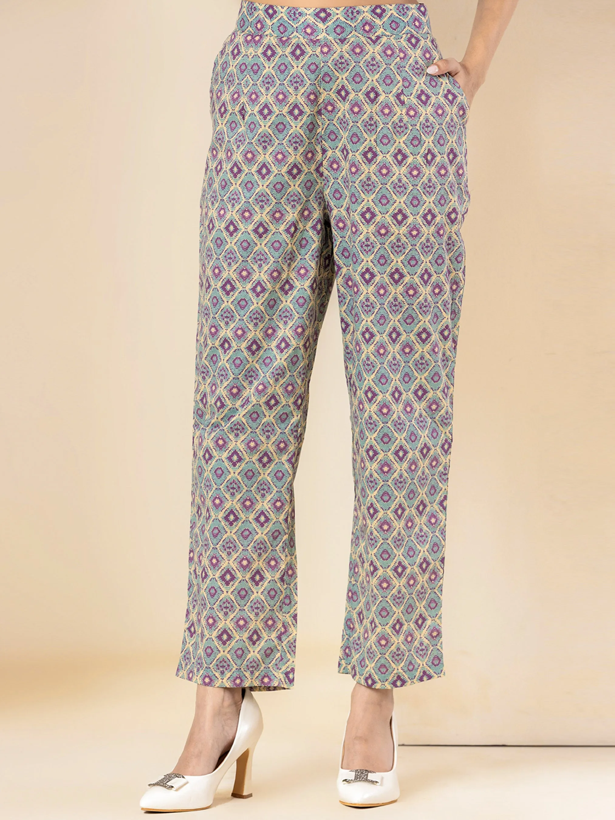 High Low Purple green Pure cotton Hand Printed Loungewear