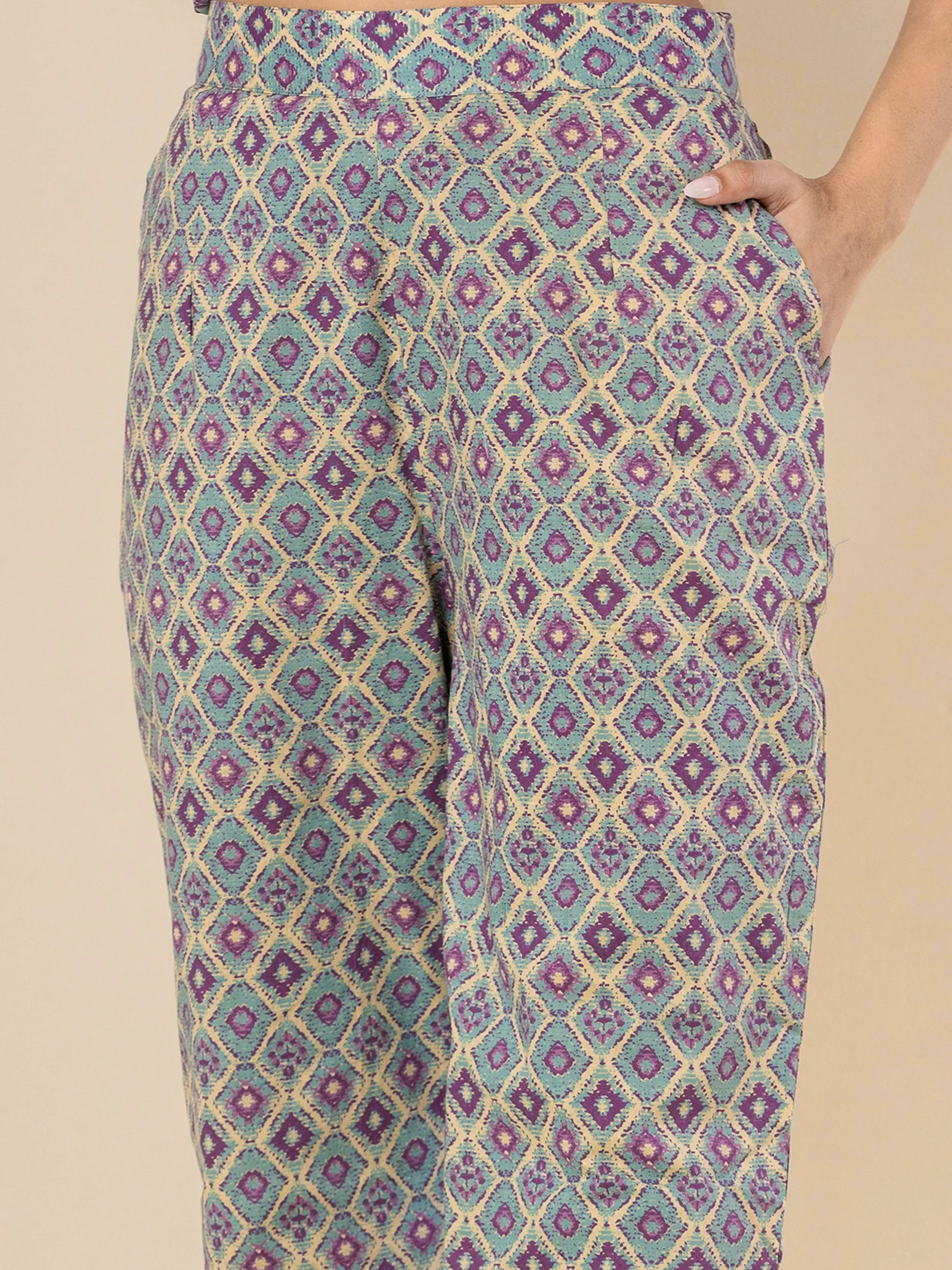 High Low Purple green Pure cotton Hand Printed Loungewear