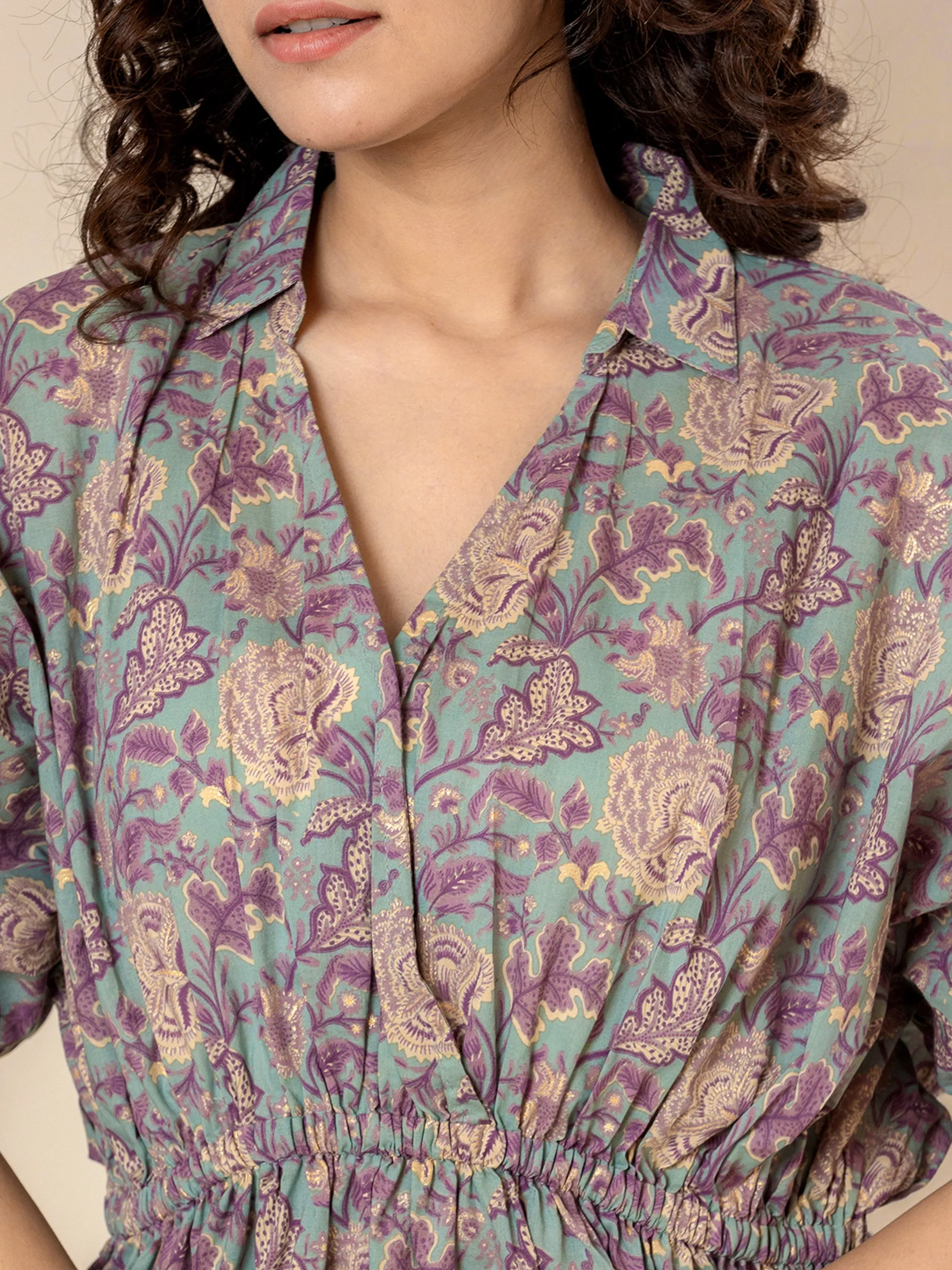 High Low Purple green Pure cotton Hand Printed Loungewear