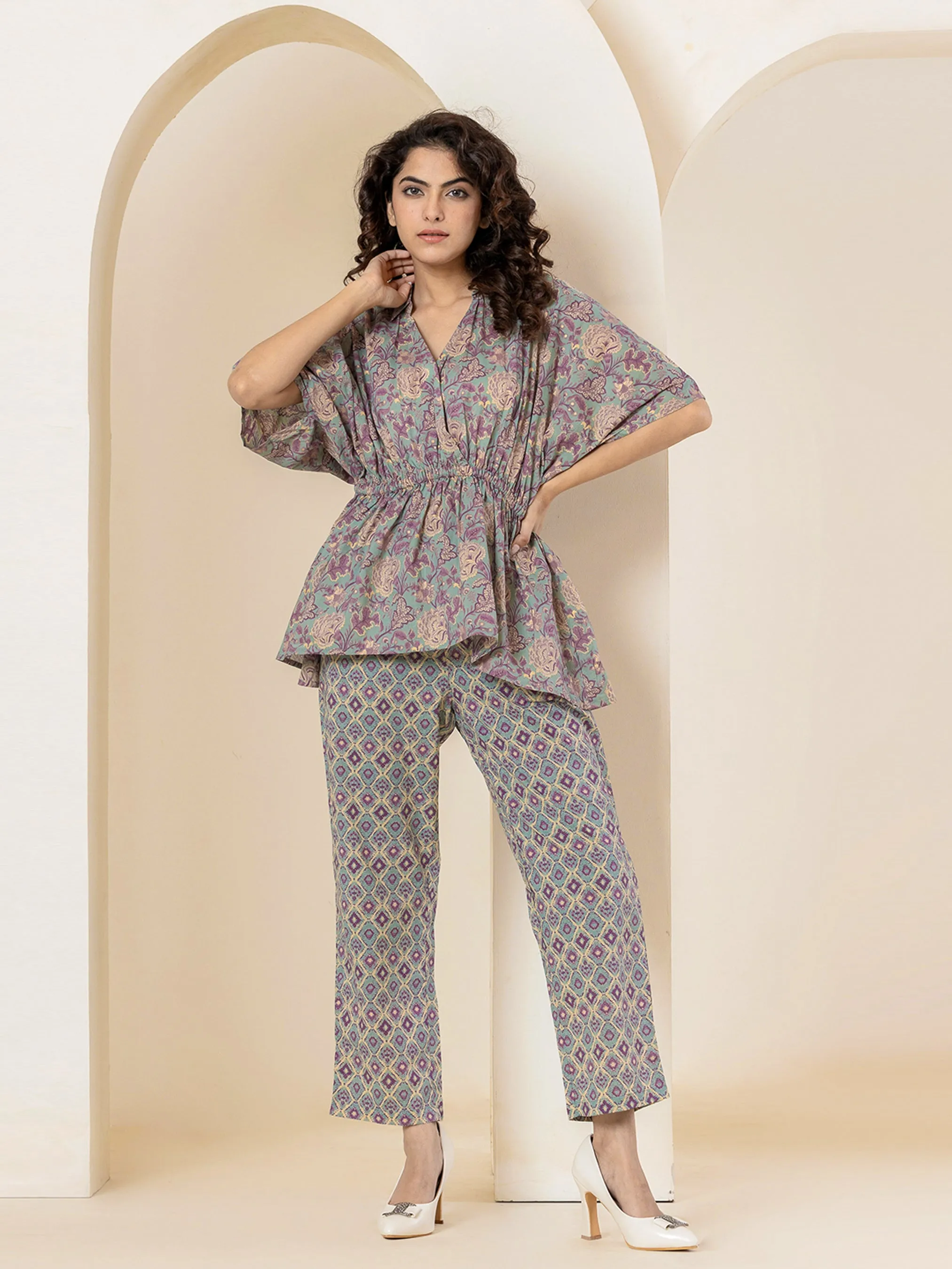 High Low Purple green Pure cotton Hand Printed Loungewear