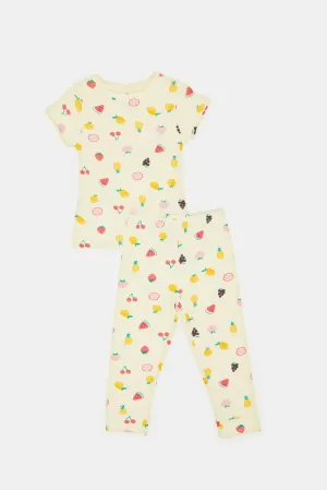 Infant Girls Pink And Yellow Printed Pyjama Set (4 Piece)