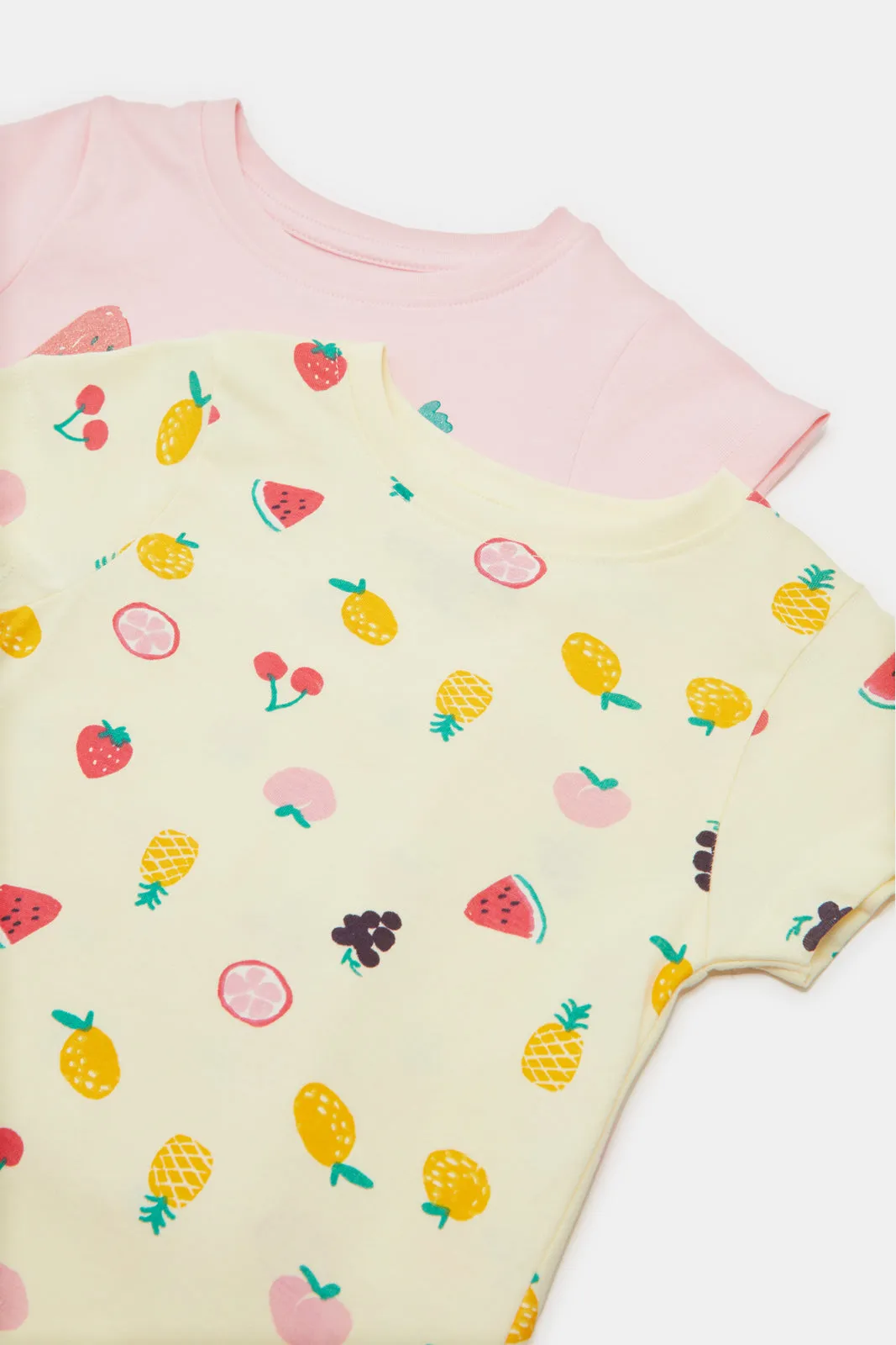 Infant Girls Pink And Yellow Printed Pyjama Set (4 Piece)