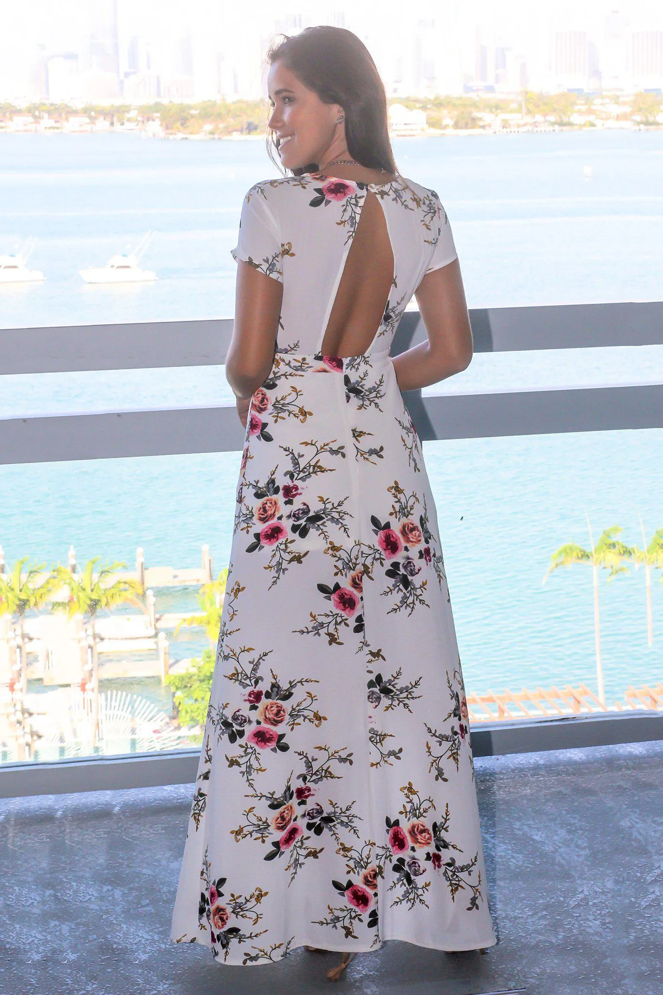 Ivory Floral Cut Out Maxi Dress with Side Slits