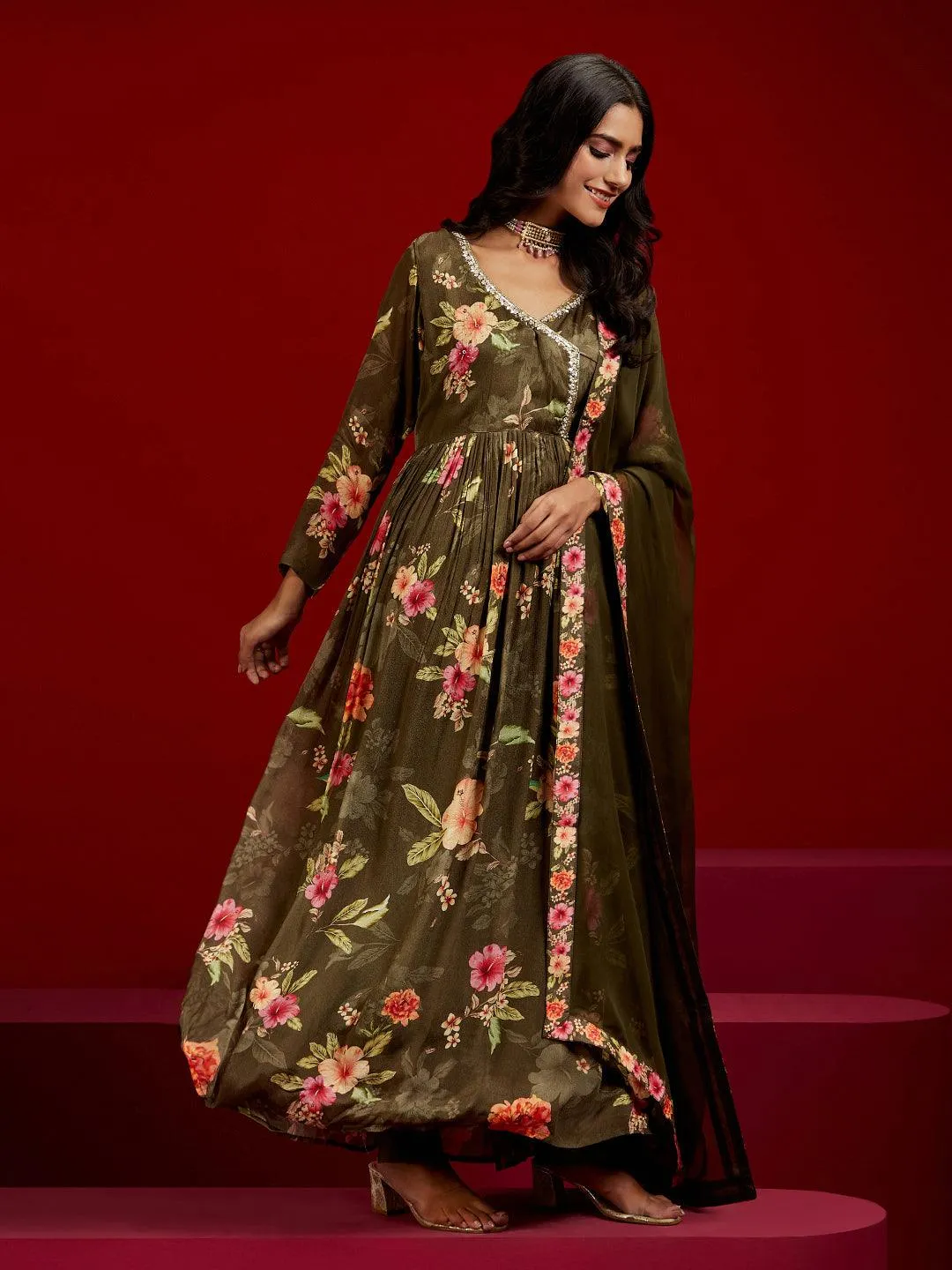 Jashvi Art Olive Printed Silk Anarkali Suit With Dupatta