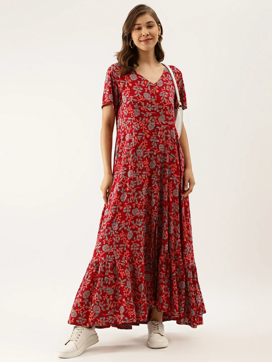 Jashvi Maroon Floral Printed Rayon Ethnic Dress for Women