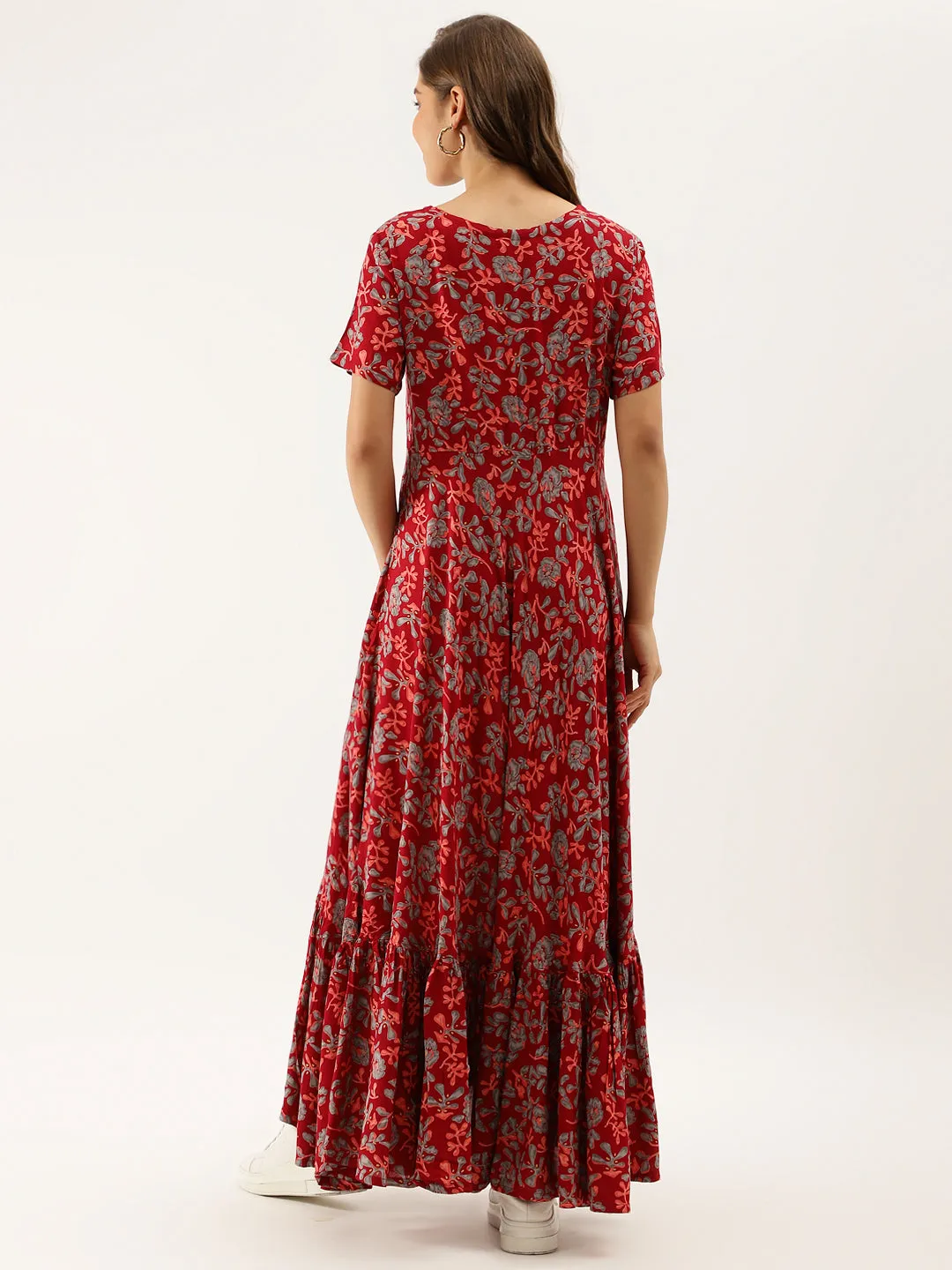 Jashvi Maroon Floral Printed Rayon Ethnic Dress for Women