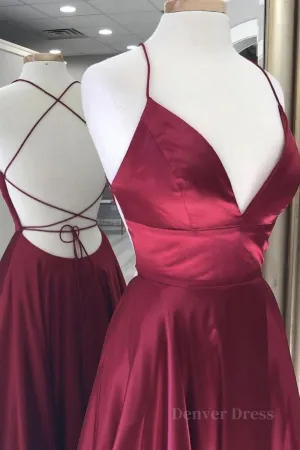 kamahe Simple A Line V Neck Backless Burgundy Long Prom Dresses, Backless Burgundy Formal Graduation Evening Dresses