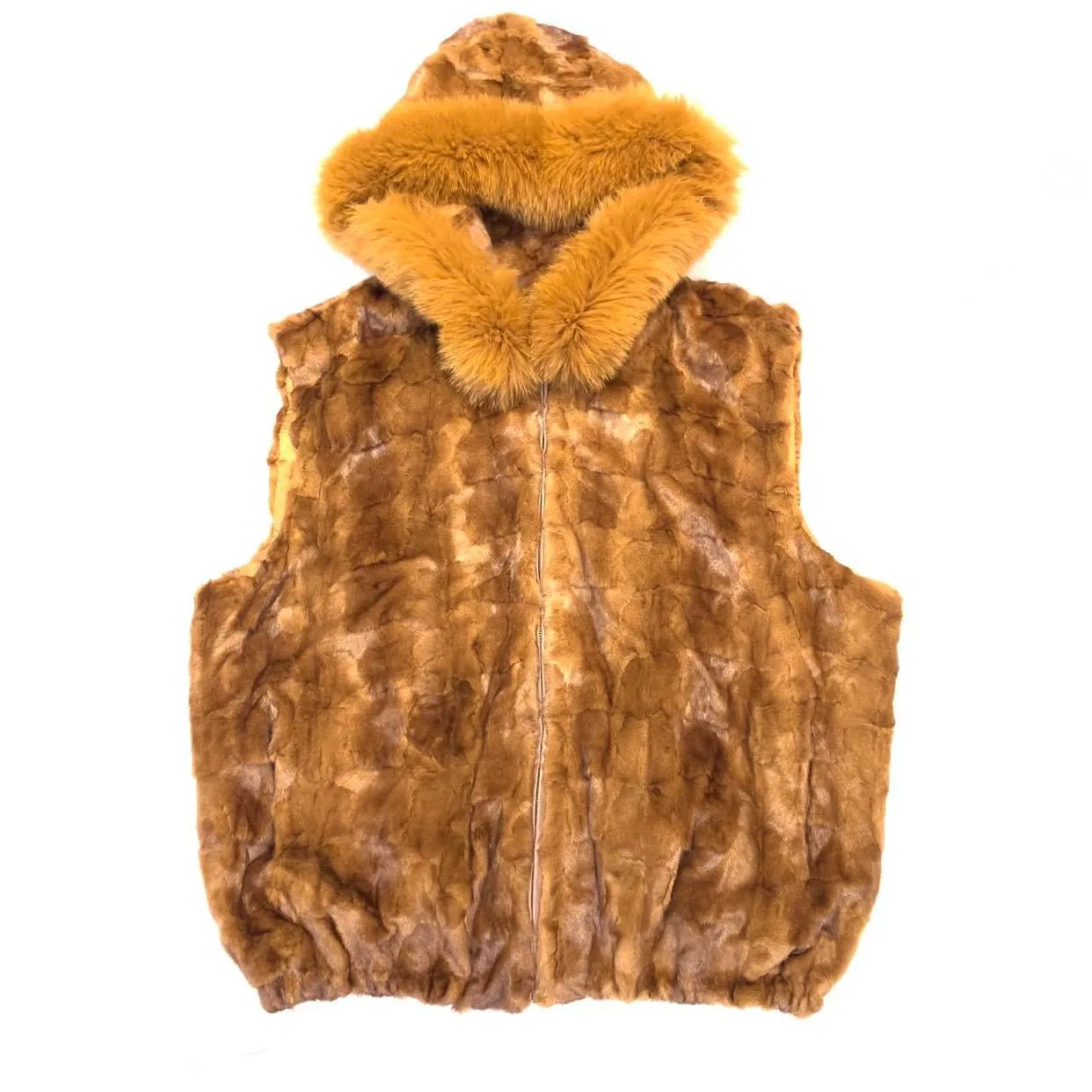 Kashani Men's Whisky Mink Diamond Cut Fox Fur Hooded Vest