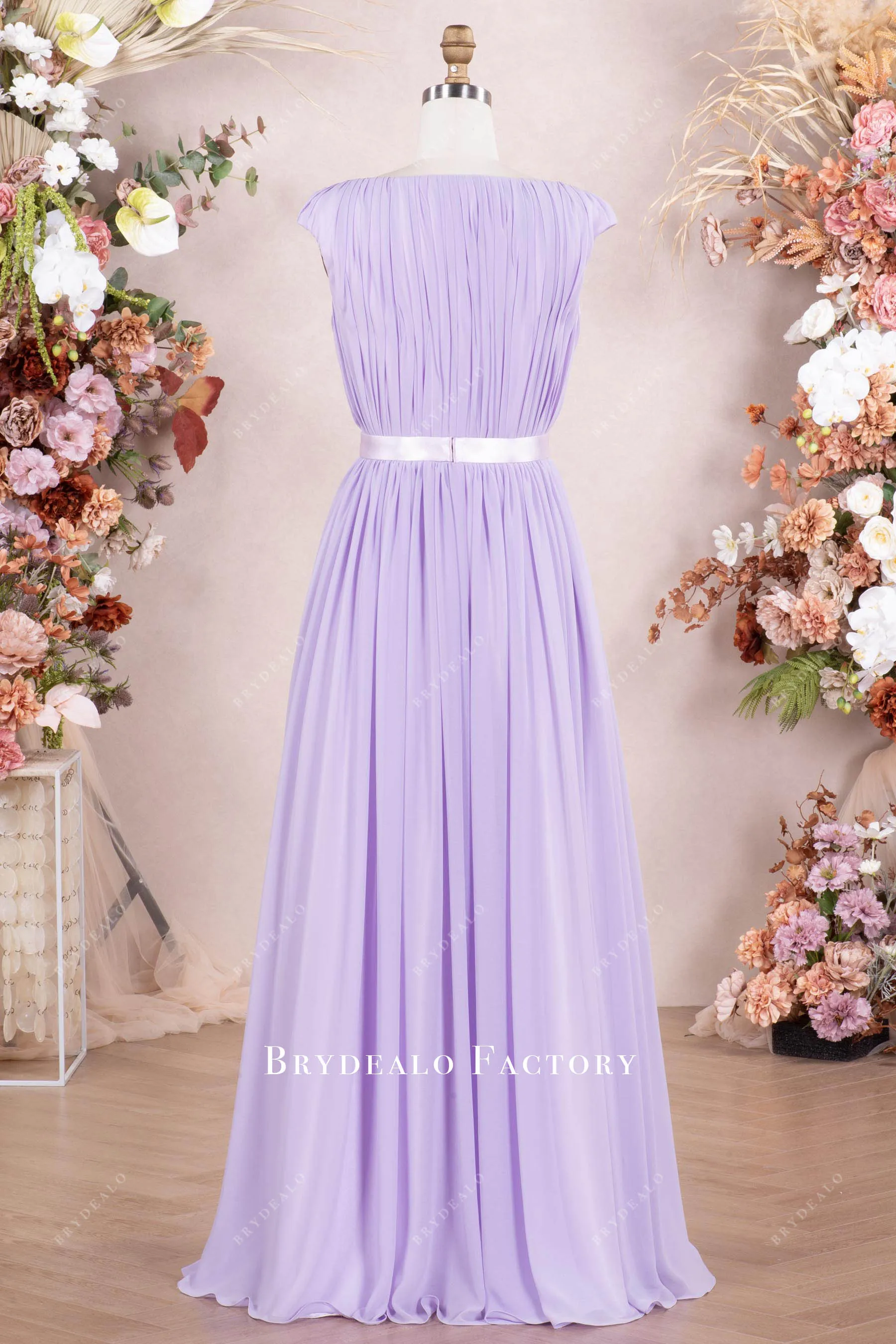 Lilac Cap Sleeve Pleated Chiffon Floor Length Formal Dress