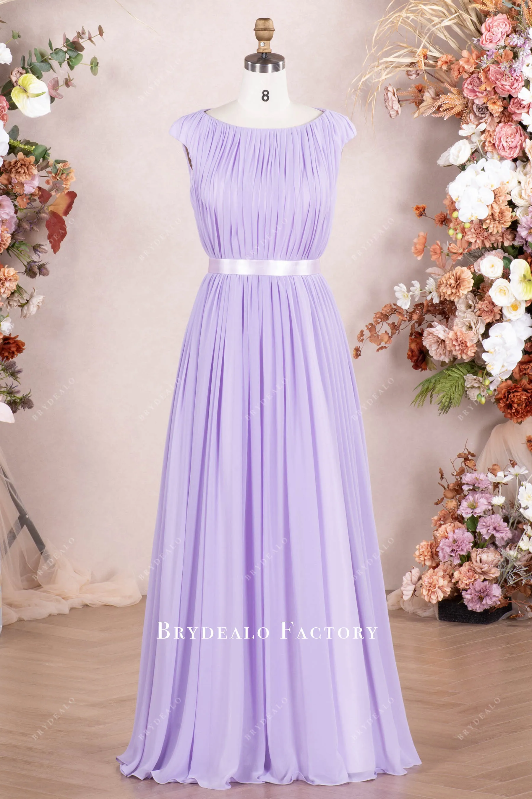 Lilac Cap Sleeve Pleated Chiffon Floor Length Formal Dress