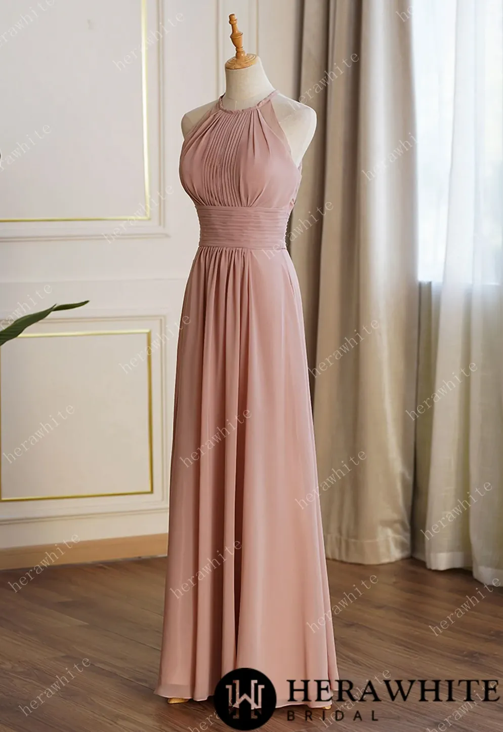 Long Eyelet A Line Ruched Chiffon Bridesmaid Dresses