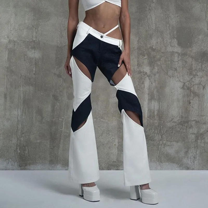 Low Rise Asymmetrical Two-Tone Cutout Flare Pants