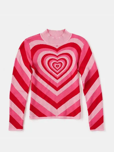 Lucky Valentine Heart Graphic Mock Neck Long Sleeve Sweater | 4 Colors | Poundton