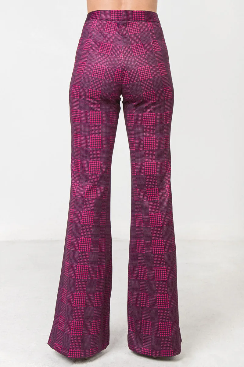 Magenta Flared Scuba Pants With Houndstooth and Floral Print