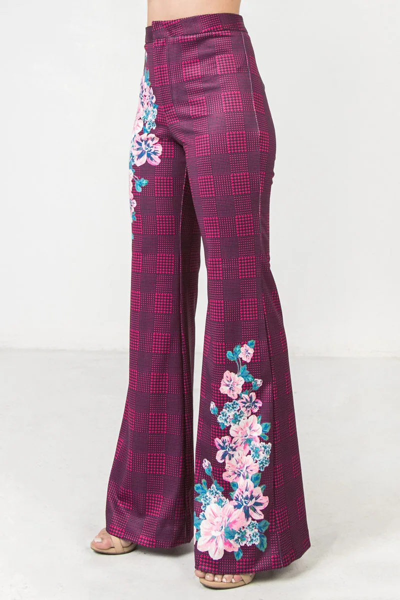 Magenta Flared Scuba Pants With Houndstooth and Floral Print