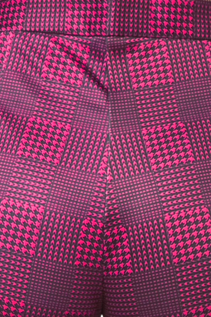 Magenta Flared Scuba Pants With Houndstooth and Floral Print