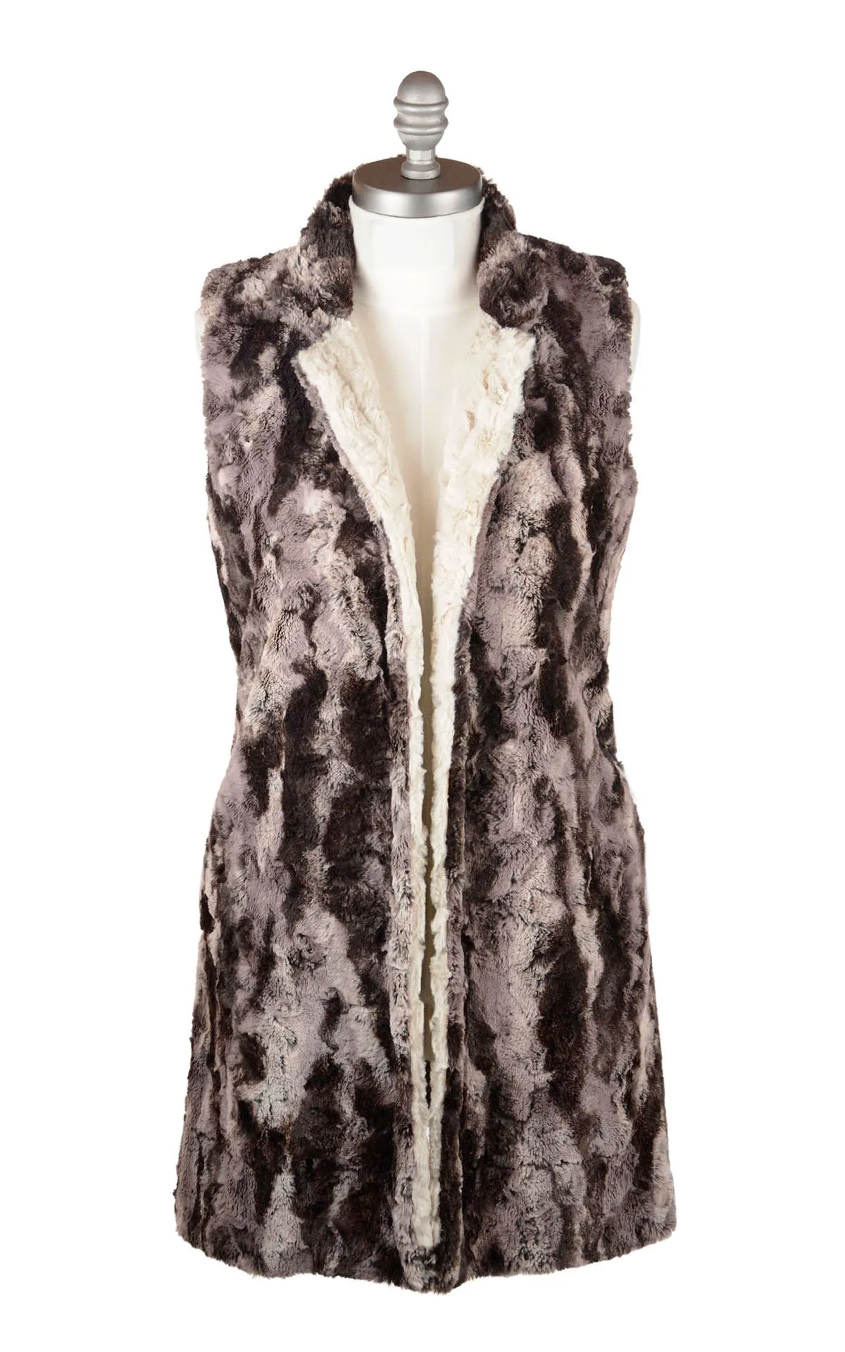 Mandarin Vest, Reversible less pockets - Luxury Faux Fur in Mocha with Cuddly Sand