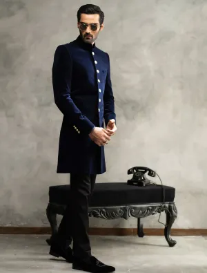 MATT NAVY BLUE SHORT LENGTH VELVET SHERWANI