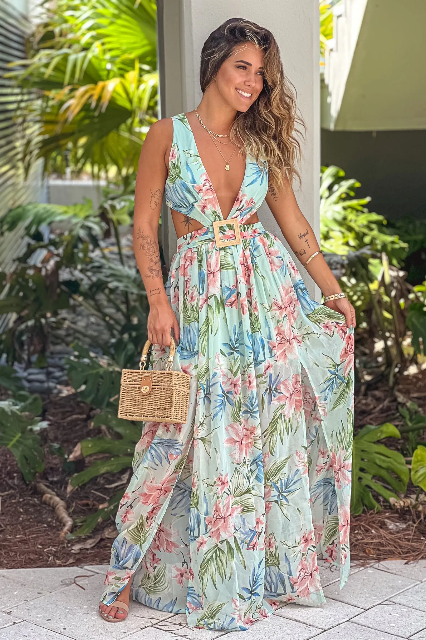 Mint Floral V-Neck Maxi Dress With Lace Up Back