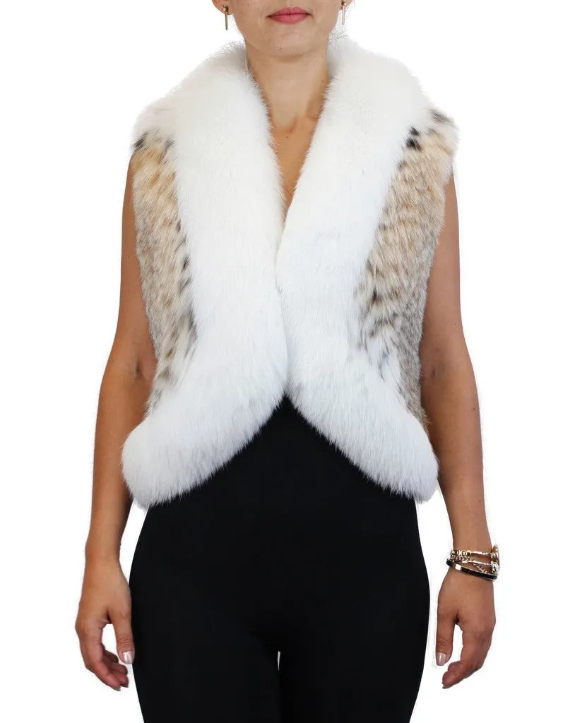 NATURAL MONTANA LYNX FUR VEST WITH WHITE SHADOW FOX FUR TRIM