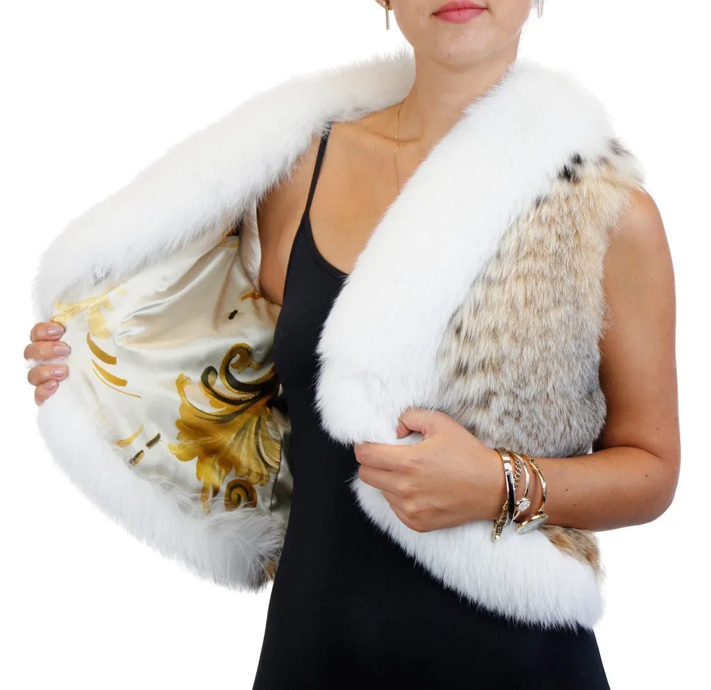 NATURAL MONTANA LYNX FUR VEST WITH WHITE SHADOW FOX FUR TRIM