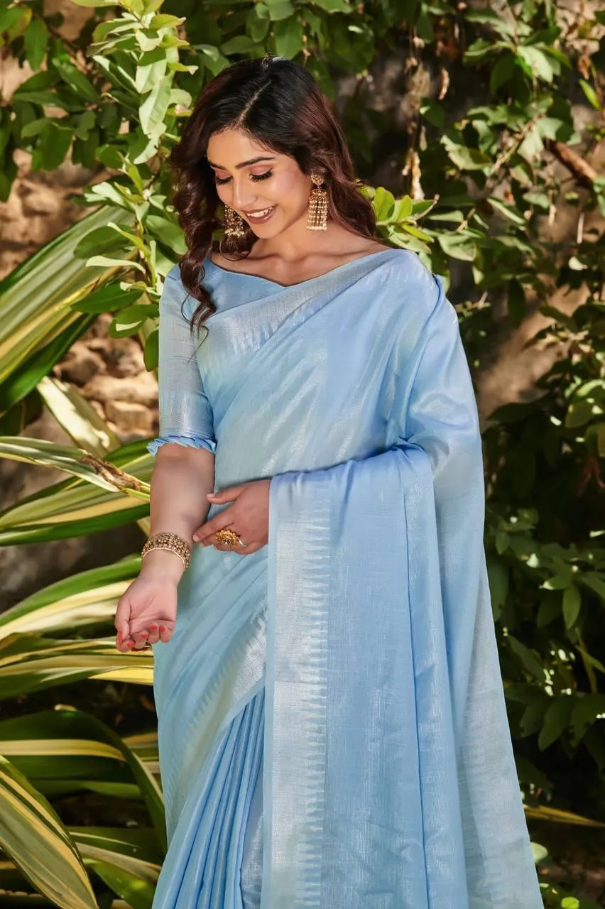 Pastel Blue Linen Tissue Silk  Saree