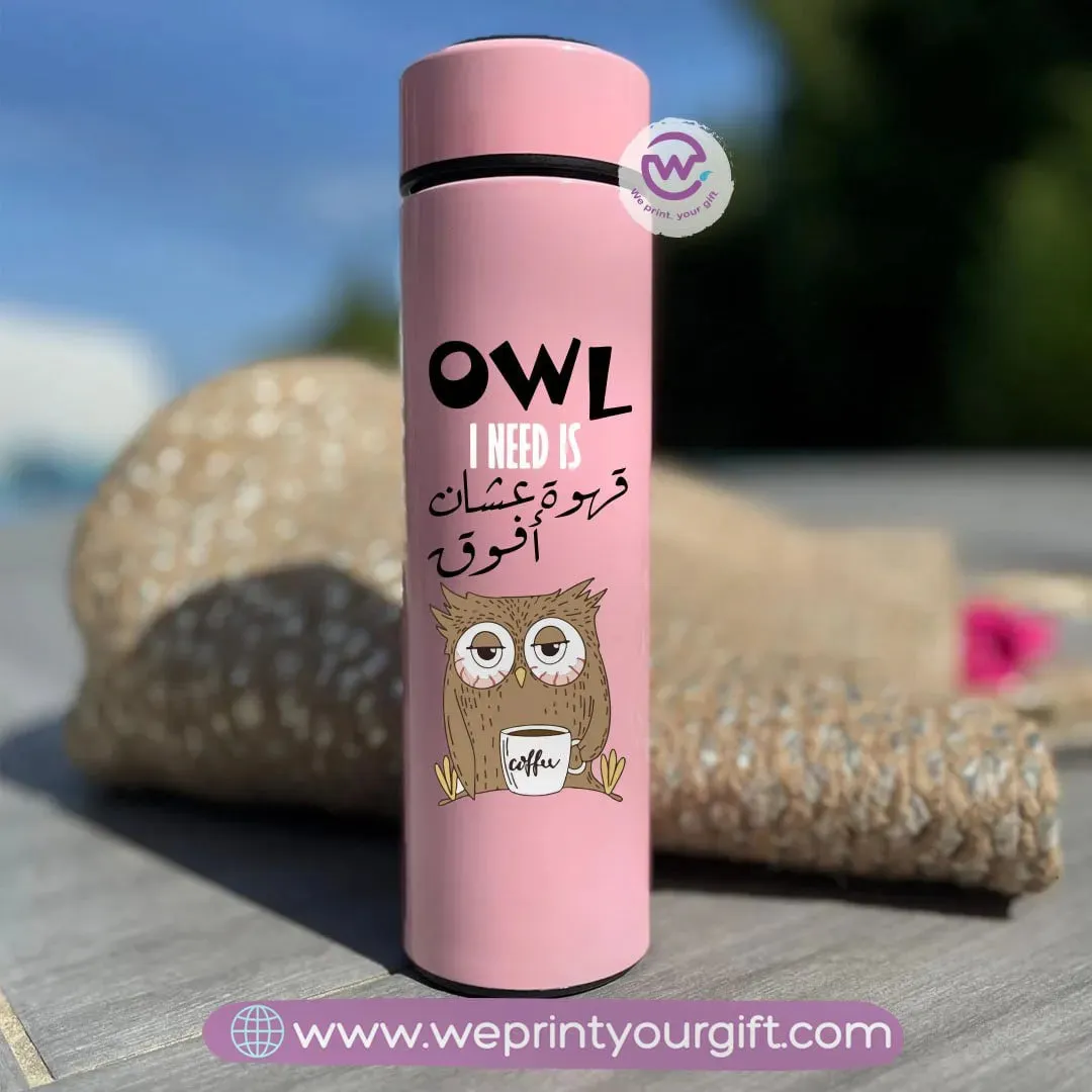 Pink Digital Thermal Thermos- Funny Owl