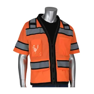 PIP 303-0800D-OR/2X ANSI Type R Class 3 Black Two-Tone Eleven Pocket Tech-Ready Mesh Surveyors Vest with "D" Ring Access