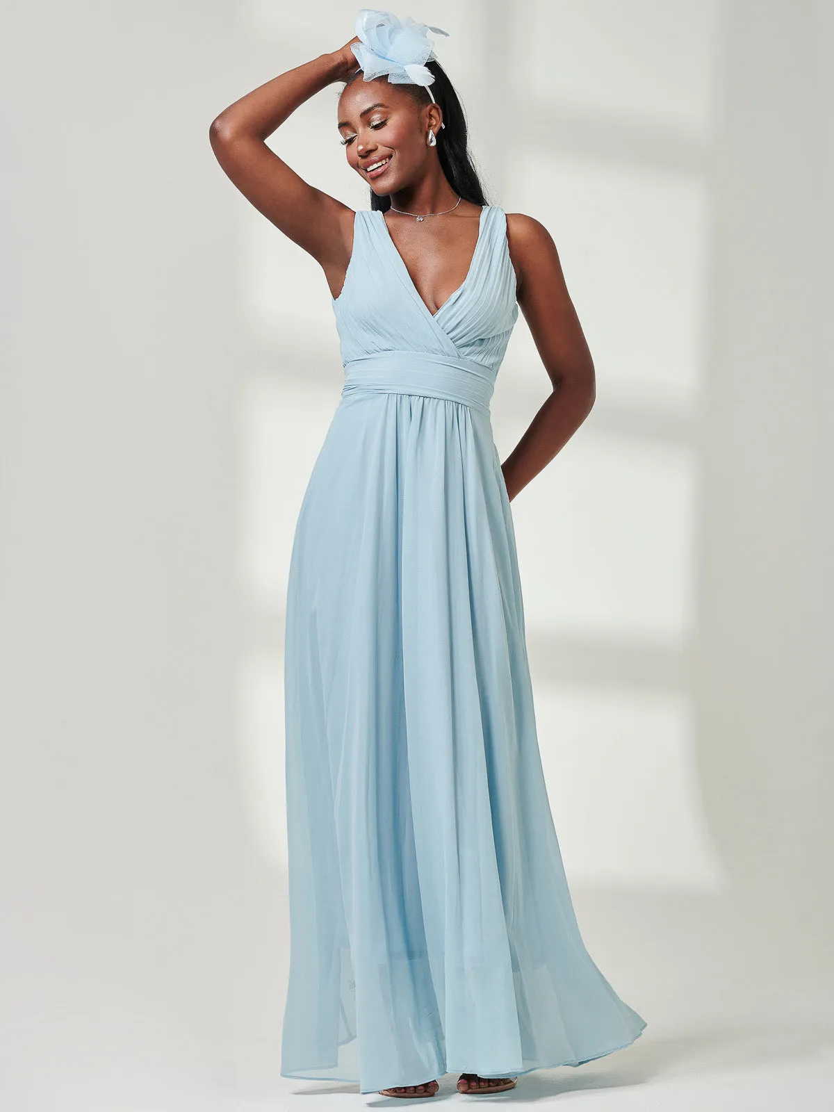 Pleated Bodice Chiffon Maxi Dress, Ice Blue