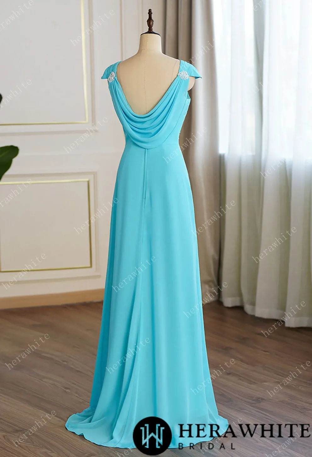 Pleated Cap Sleeves with Cowl Back Bridesmaid Dress