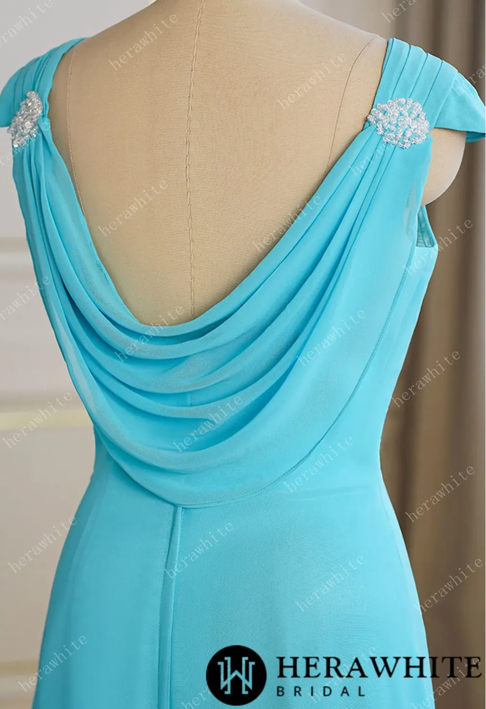 Pleated Cap Sleeves with Cowl Back Bridesmaid Dress