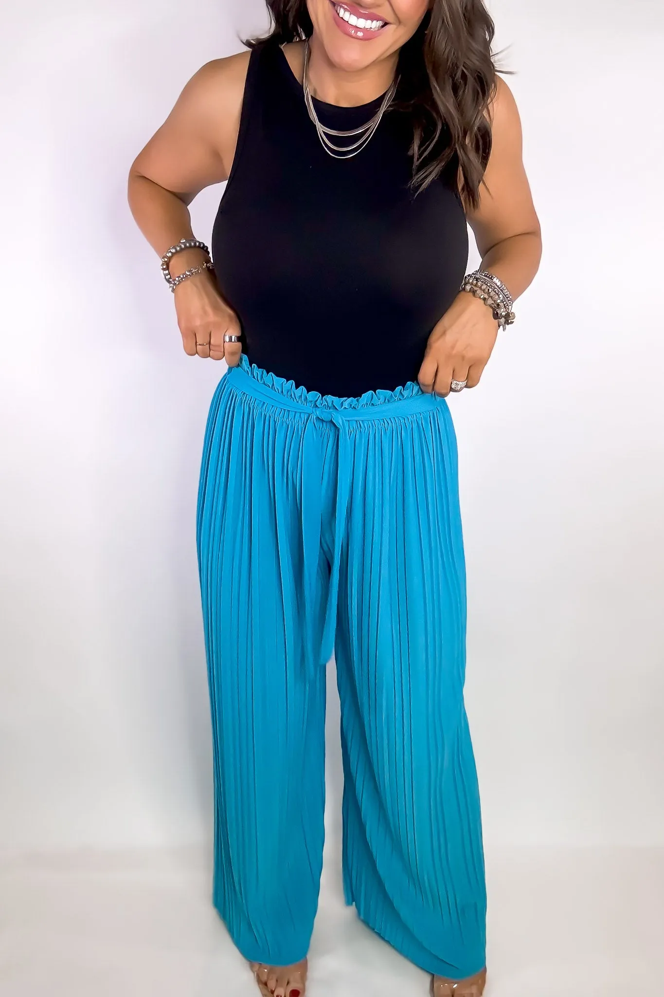 Pleated Ocean Blue Wide Leg Paperback Self Tie Pants