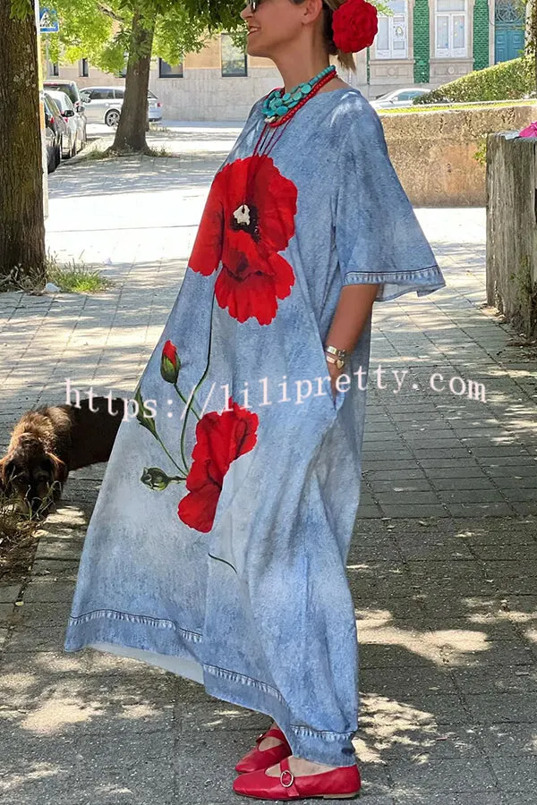 Poppy Imitation Denim Fabric Printed Bell Sleeve Pocketed Loose Maxi Dress