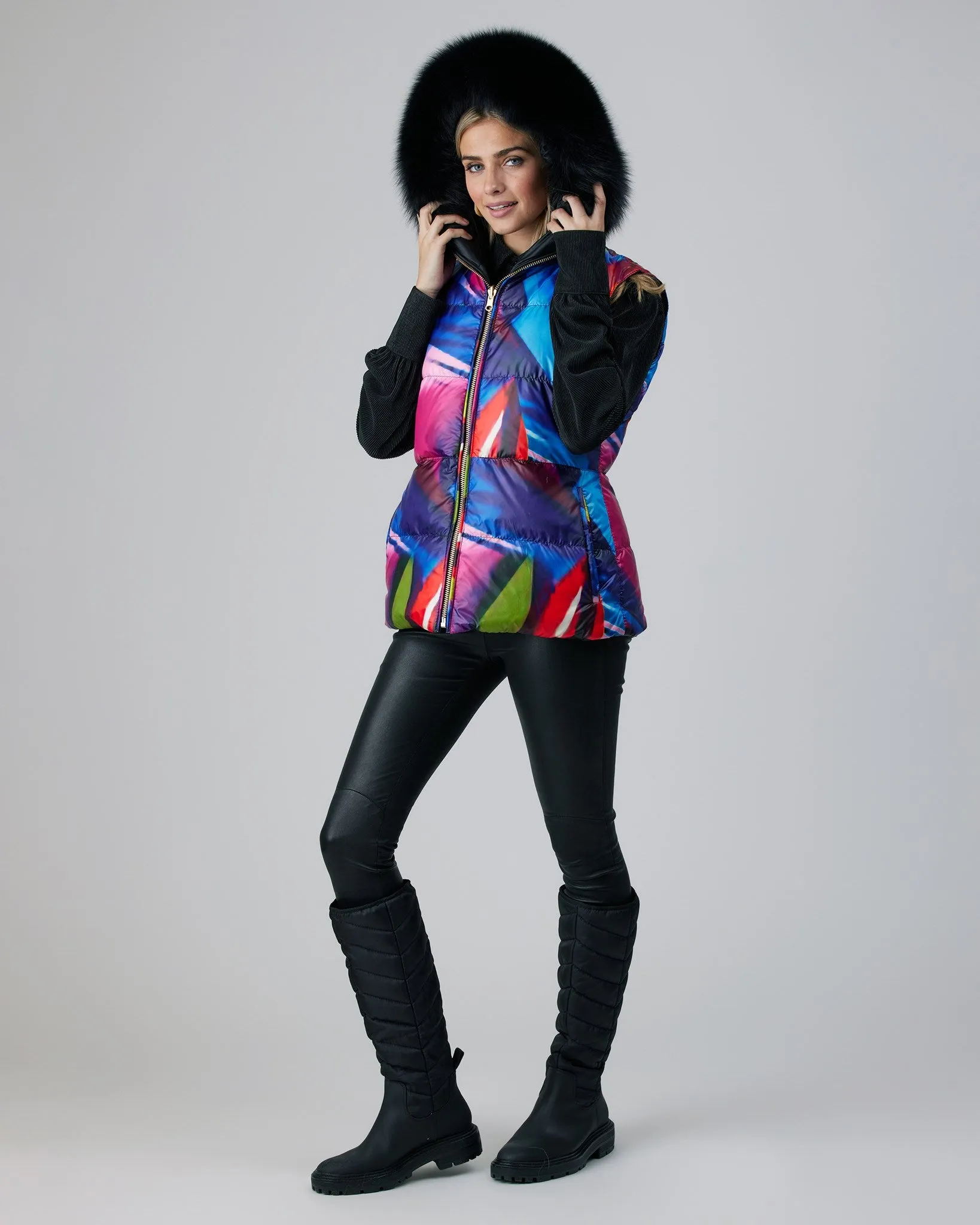 Reversible Après-Ski Vest with Detachable Fox Hood Trim