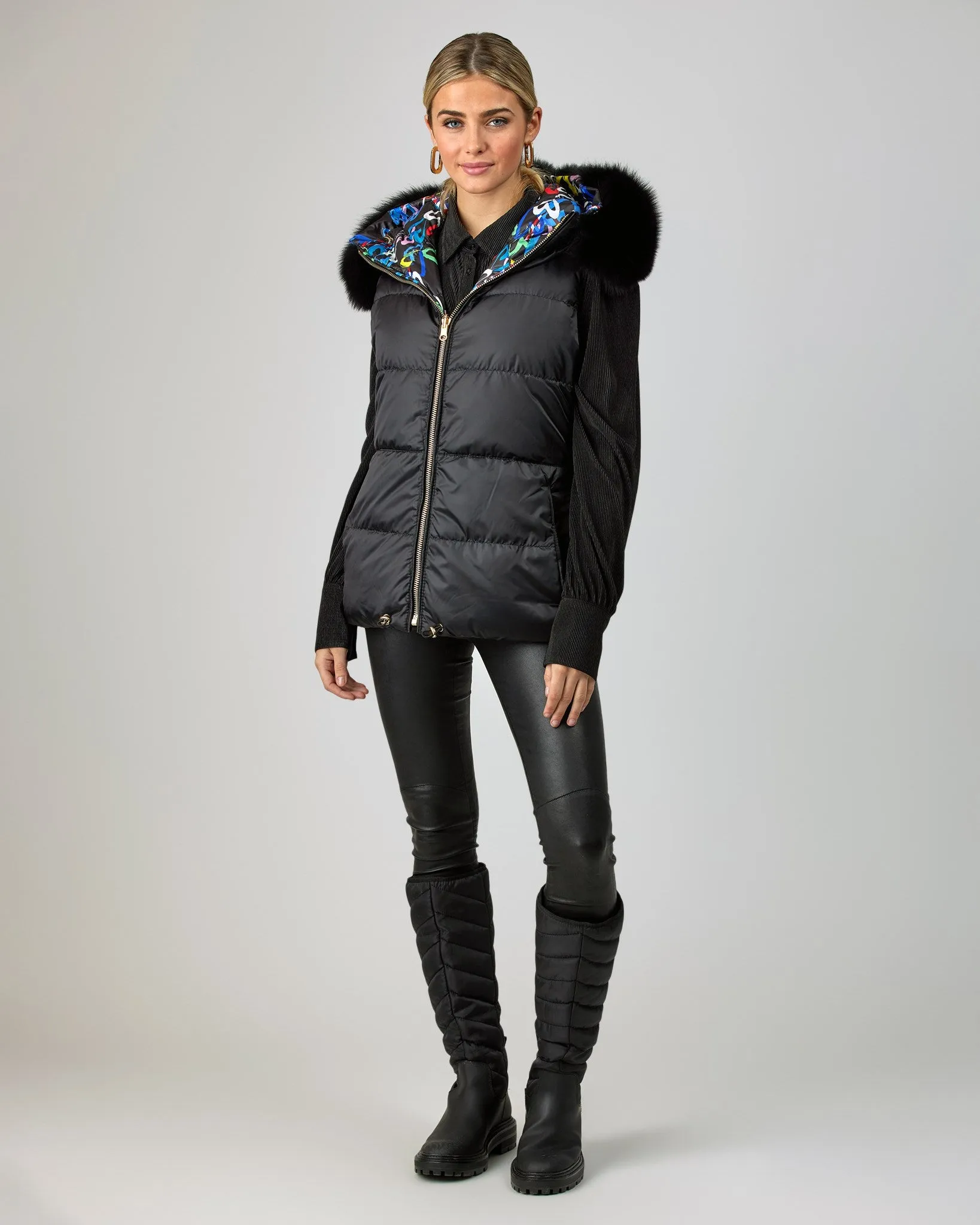 Reversible Après-Ski Vest with Detachable Fox Hood Trim