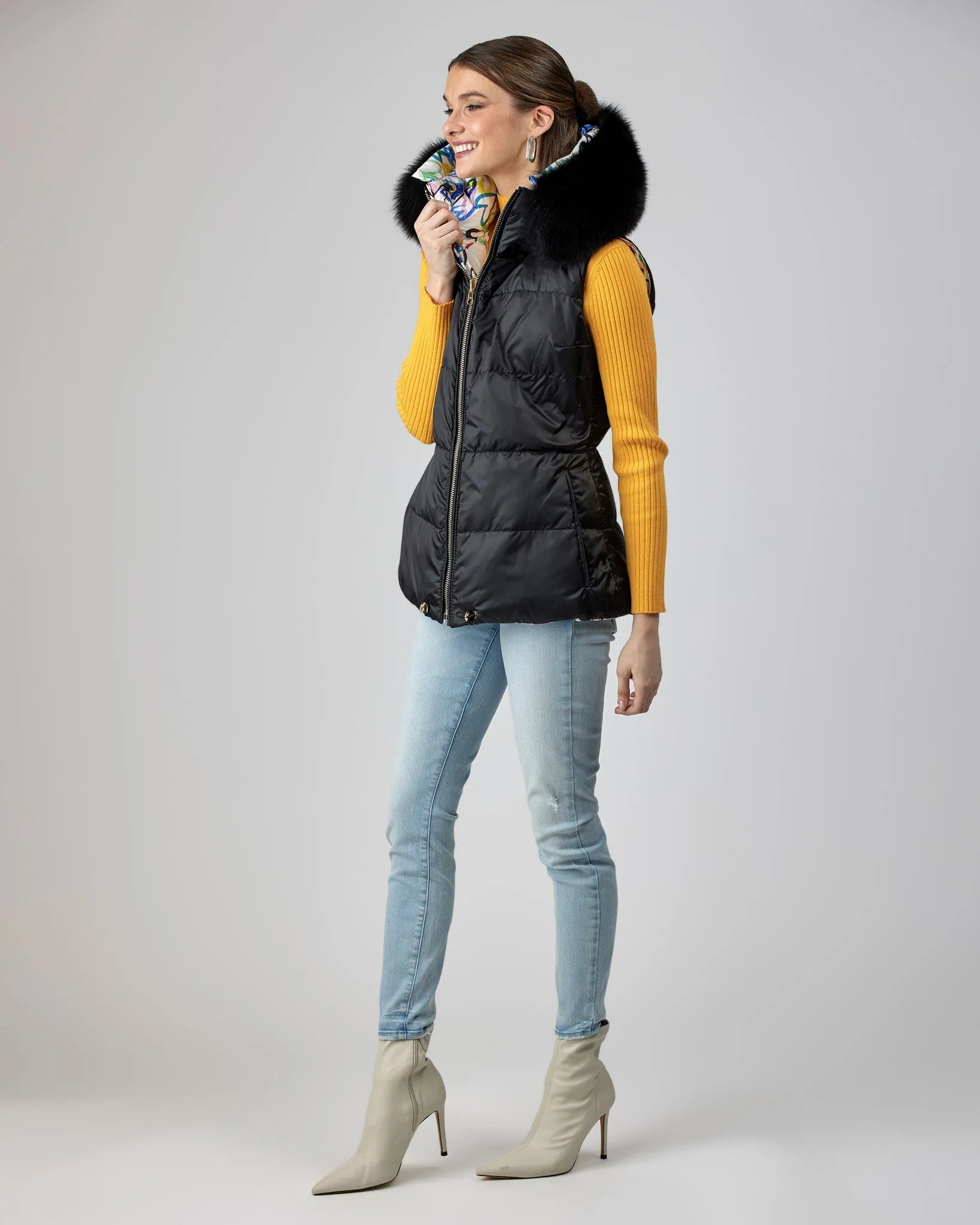 Reversible Après-Ski Vest with Detachable Fox Hood Trim