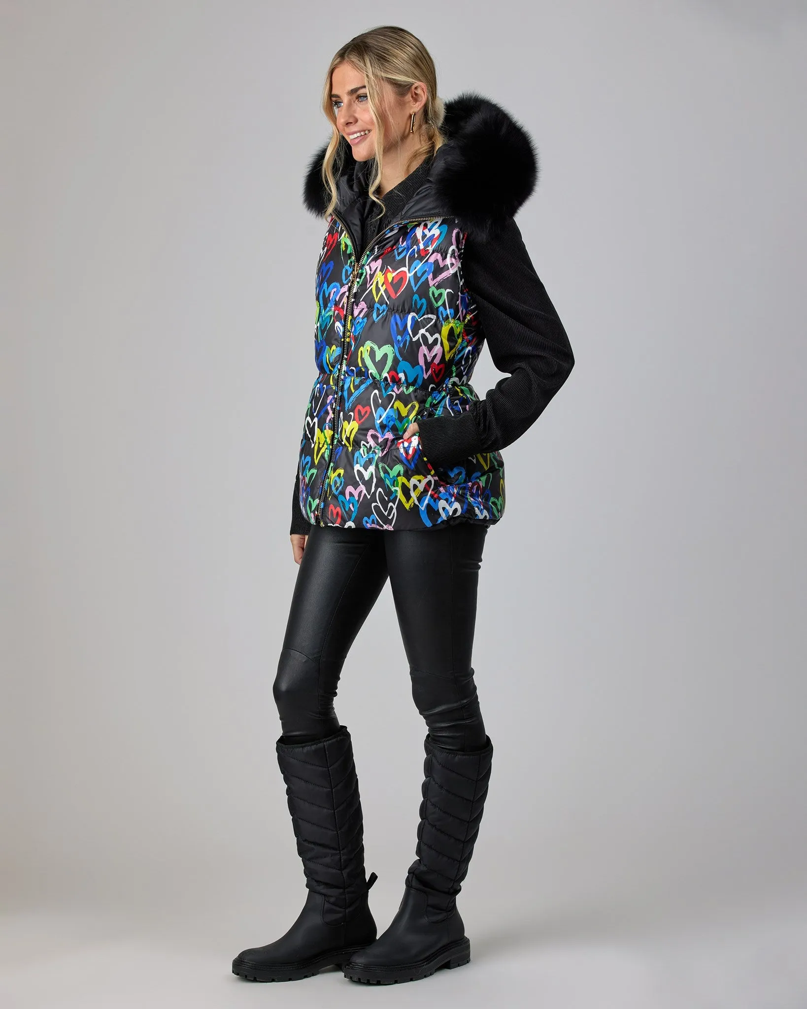 Reversible Après-Ski Vest with Detachable Fox Hood Trim