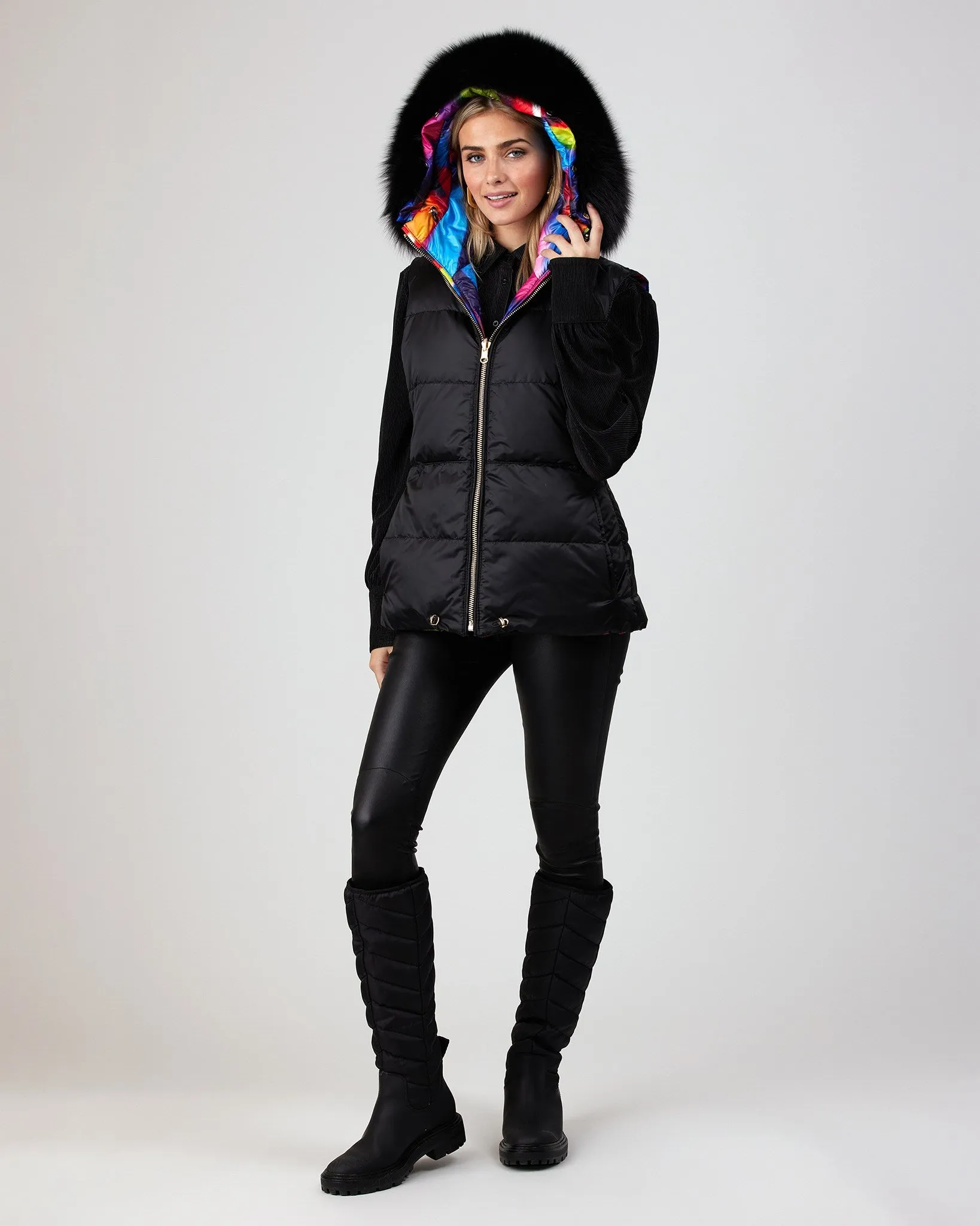 Reversible Après-Ski Vest with Detachable Fox Hood Trim