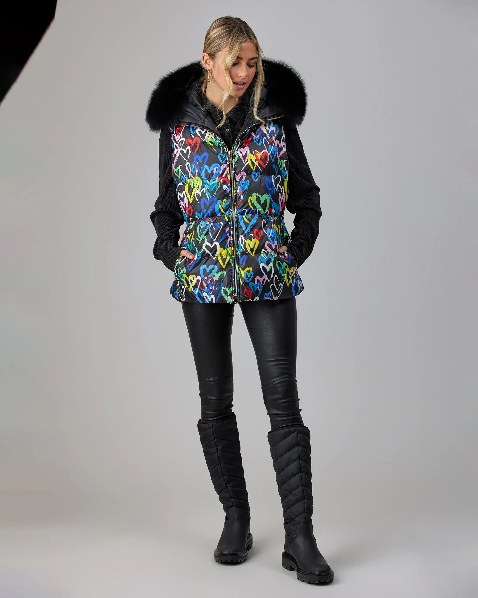 Reversible Après-Ski Vest with Detachable Fox Hood Trim