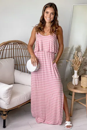 Rose Striped Maxi Dress with Pockets and Slits