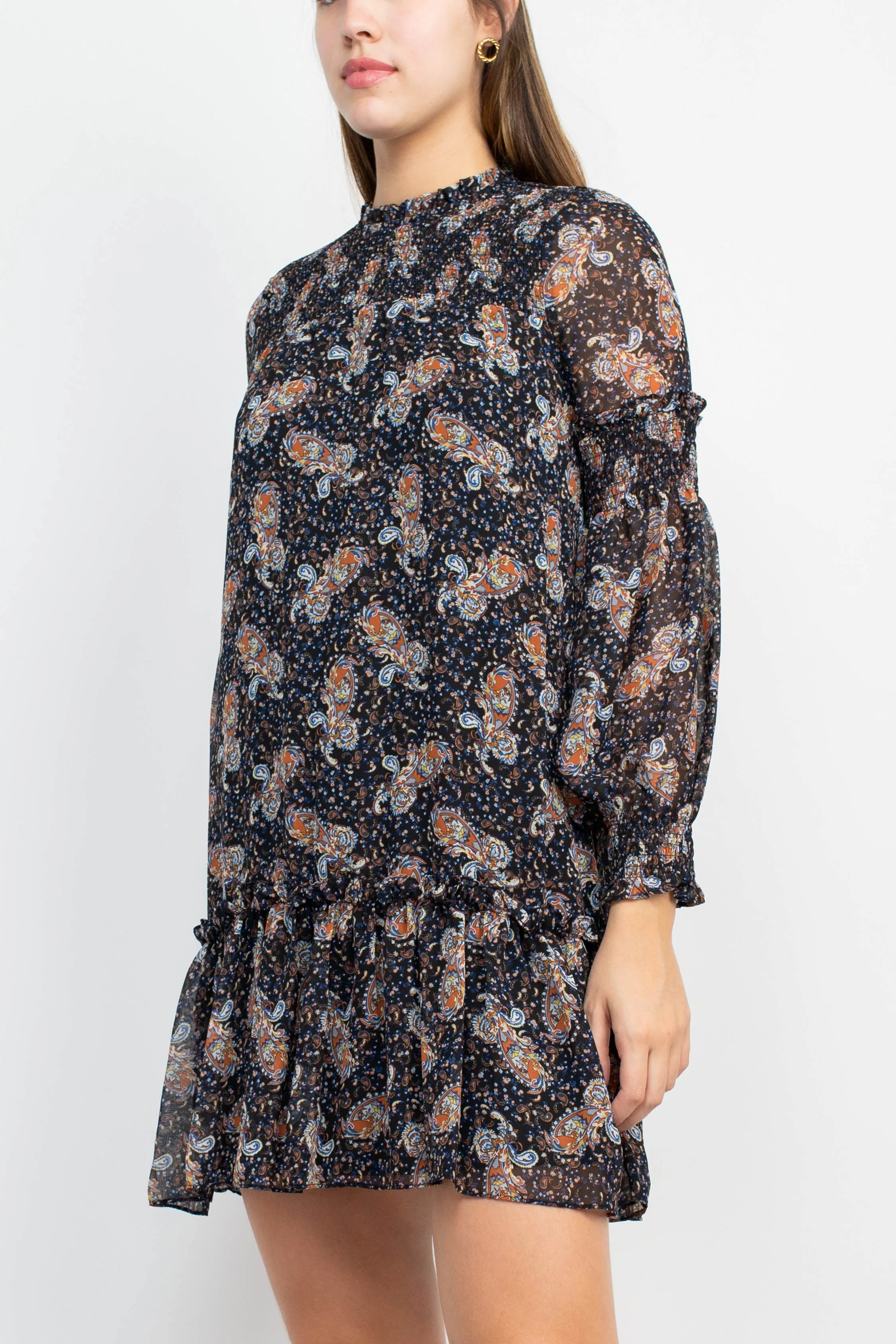 Sage Collective Ruched Neck Long Sleeve Keyhole Back Paisley Print Pleated Hem Chiffon Dress