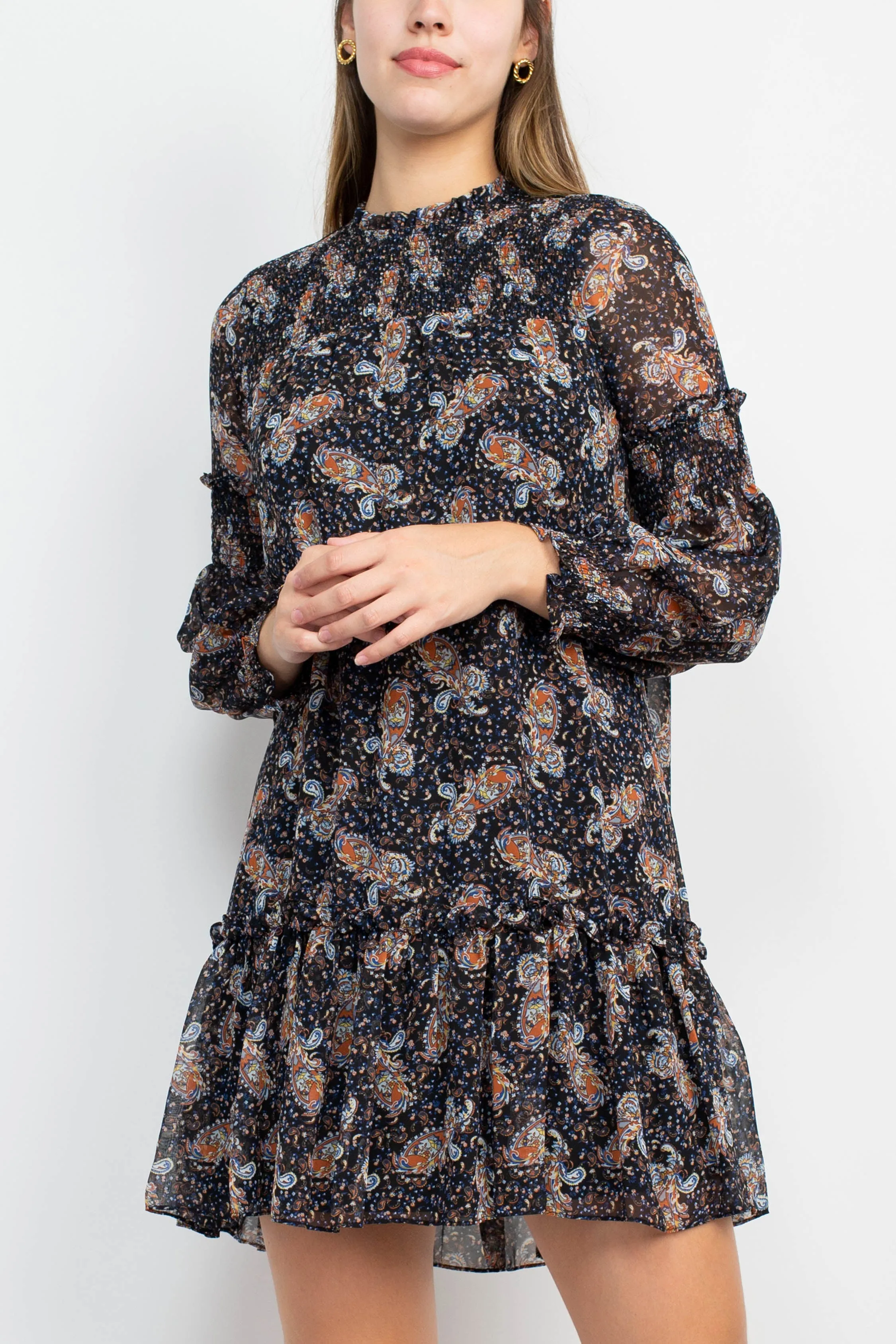 Sage Collective Ruched Neck Long Sleeve Keyhole Back Paisley Print Pleated Hem Chiffon Dress