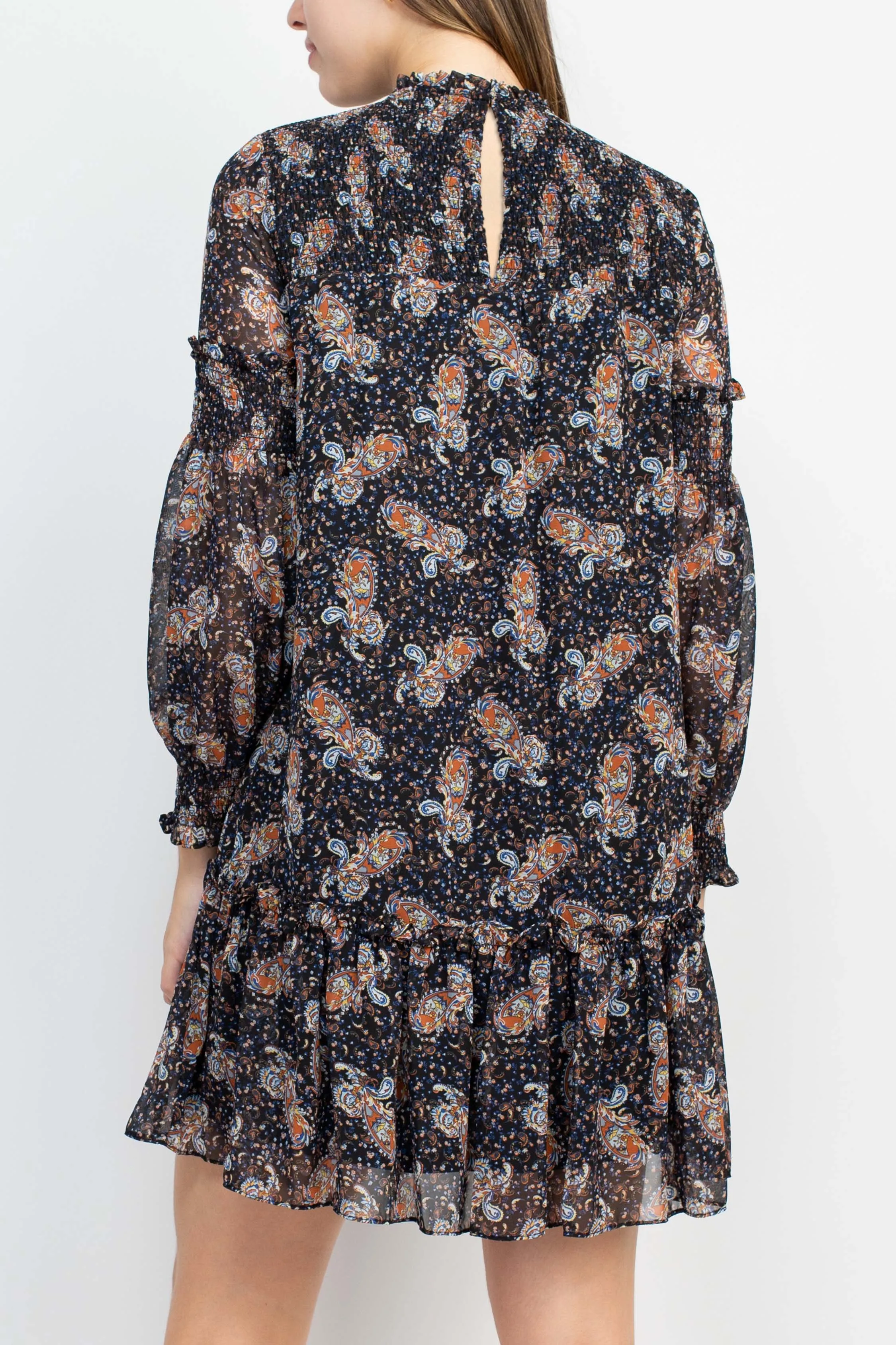 Sage Collective Ruched Neck Long Sleeve Keyhole Back Paisley Print Pleated Hem Chiffon Dress